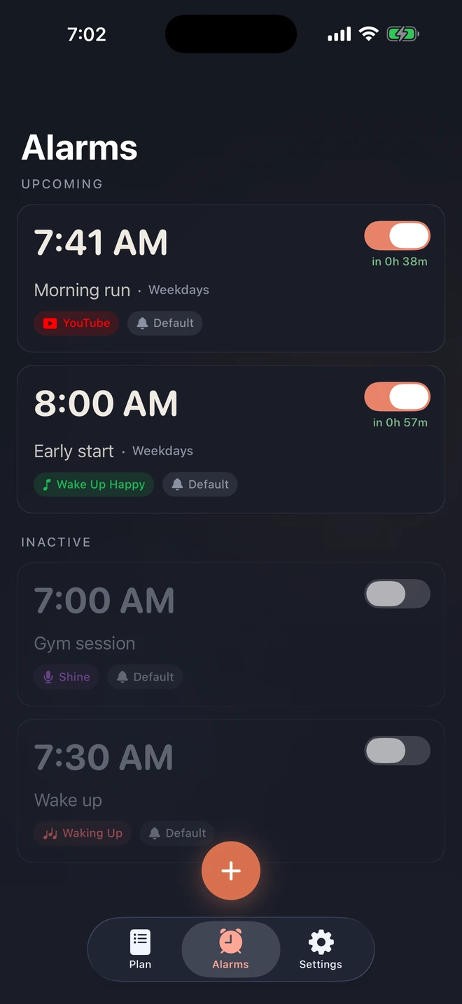A list of alarms in Morning Launch, each set to wake you with its own song, video, or podcast