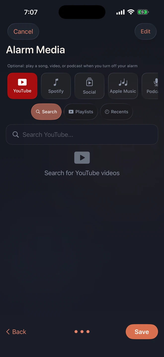 Choosing what an alarm plays, with search results from YouTube, Spotify, and Apple Music inside the app