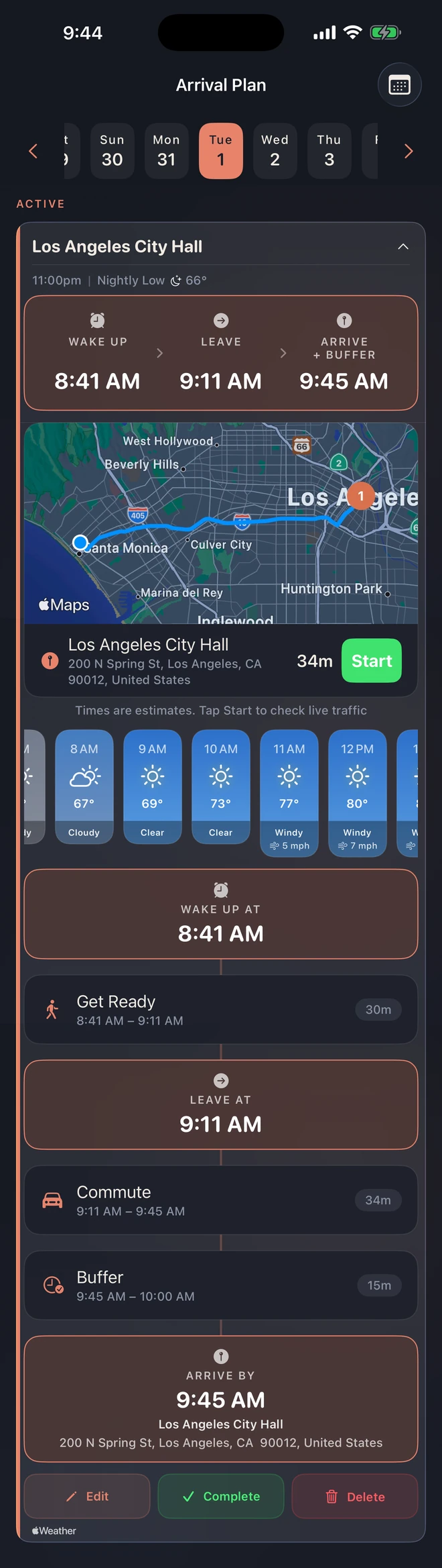 The whole morning plan on one page: wake, leave, and arrive times, the drive to Los Angeles City Hall on a map, the hour-by-hour forecast, and every step of the routine with how long it takes