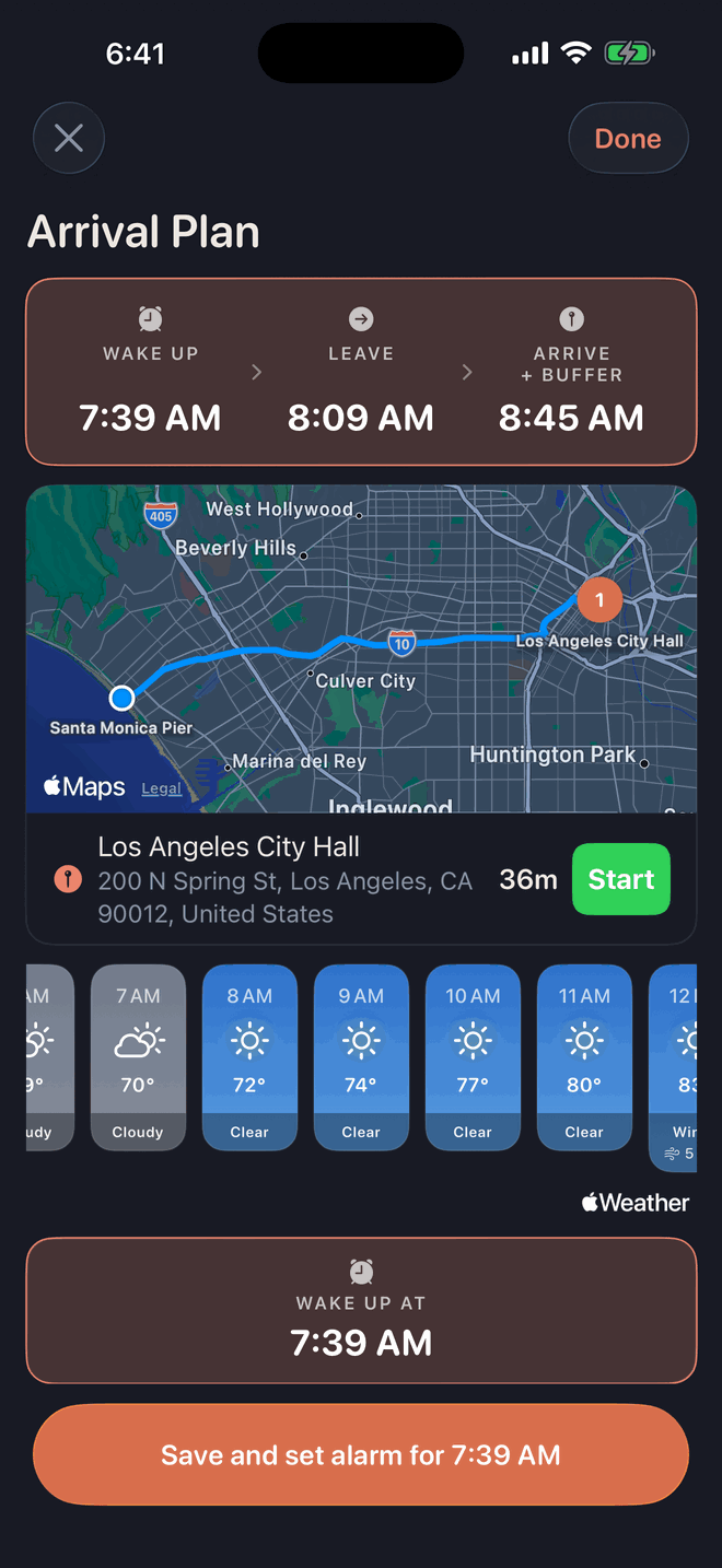 Morning Launch showing a morning plan — wake, leave, and arrive times above a route map and the hourly forecast