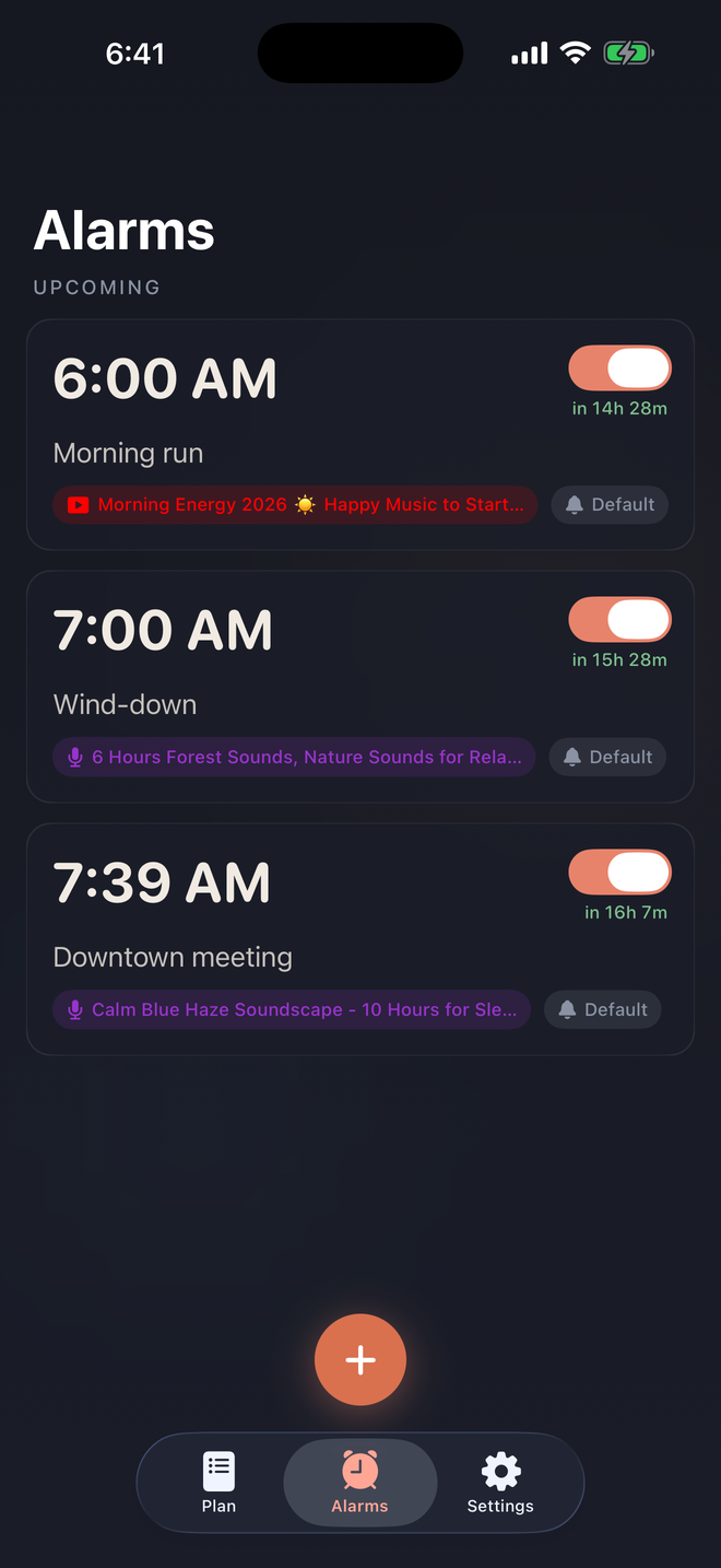 A list of alarms in Morning Launch, each set to wake you with its own song, video, or podcast