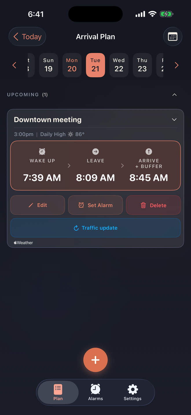 A morning plan card in Morning Launch showing when to wake, when to leave, and when to arrive